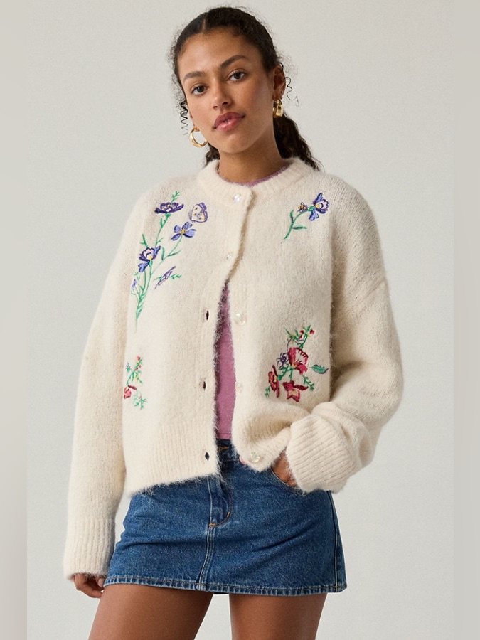 Bdg Urban Outfitters Becca Embroidered Brushed Knit Oversized Cardigan